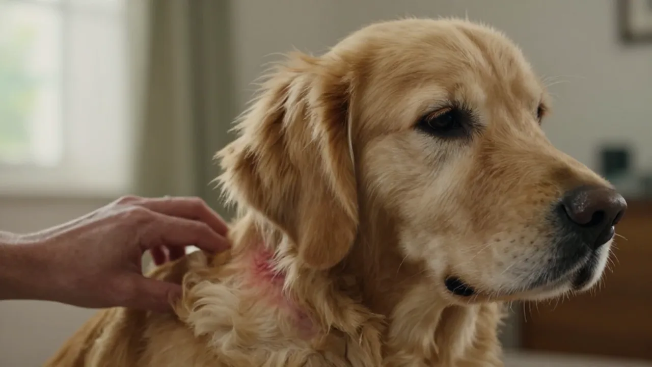 Una mano inspecciona la piel irritada de un golden retriever cerca del hombro.