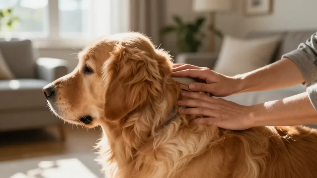 Manos acariciando el suave pelaje dorado de un perro retriever en una sala iluminada.