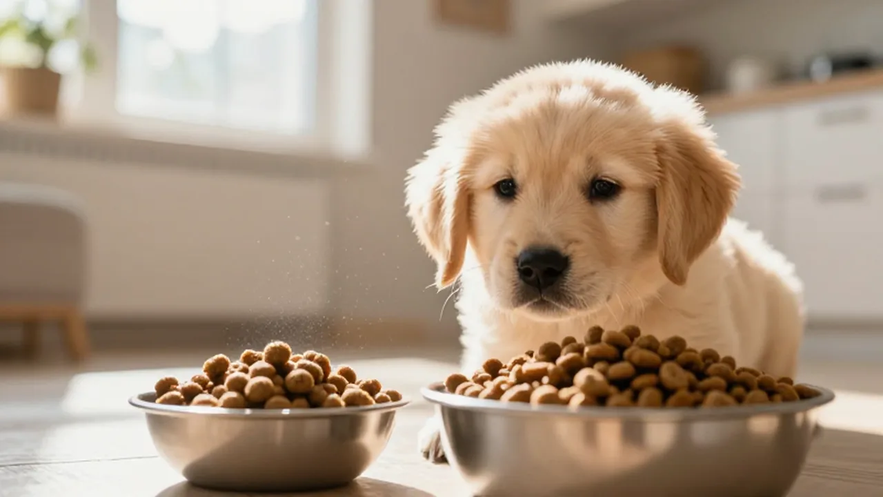 Cachorro de golden retriever curioso frente a dos cuencos con diferentes tipos de pienso.