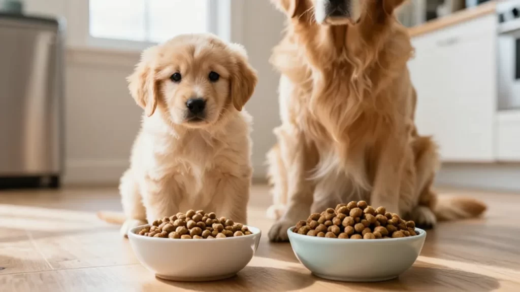 Cachorro y perro adulto golden retriever sentados ante sus cuencos con comida en una cocina.