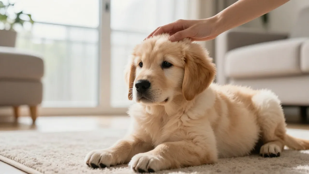 Cachorro de golden retriever sentado tranquilamente mientras una mano le acaricia la cabeza en una sala iluminada.