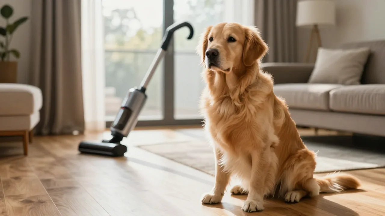 Un cachorro de golden retriever sentado tranquilamente en una sala soleada mientras se aspira el suelo.