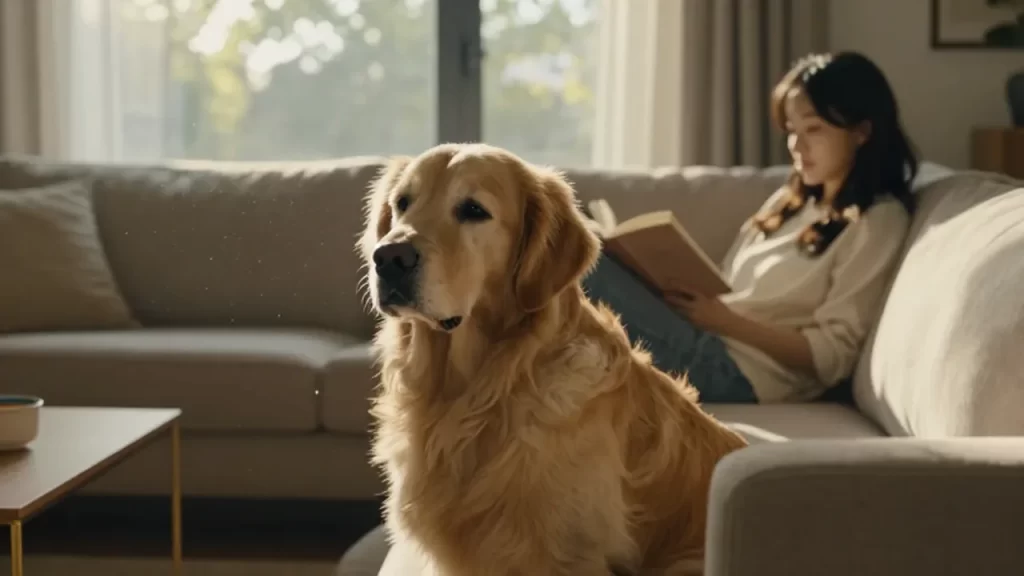 Un golden retriever tranquilo sentado en una sala luminosa junto a una mujer que lee.