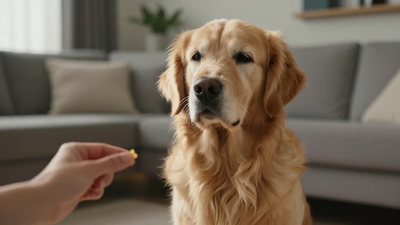 Golden retriever con expresión de confusión mirando un premio sostenido por una mano humana.