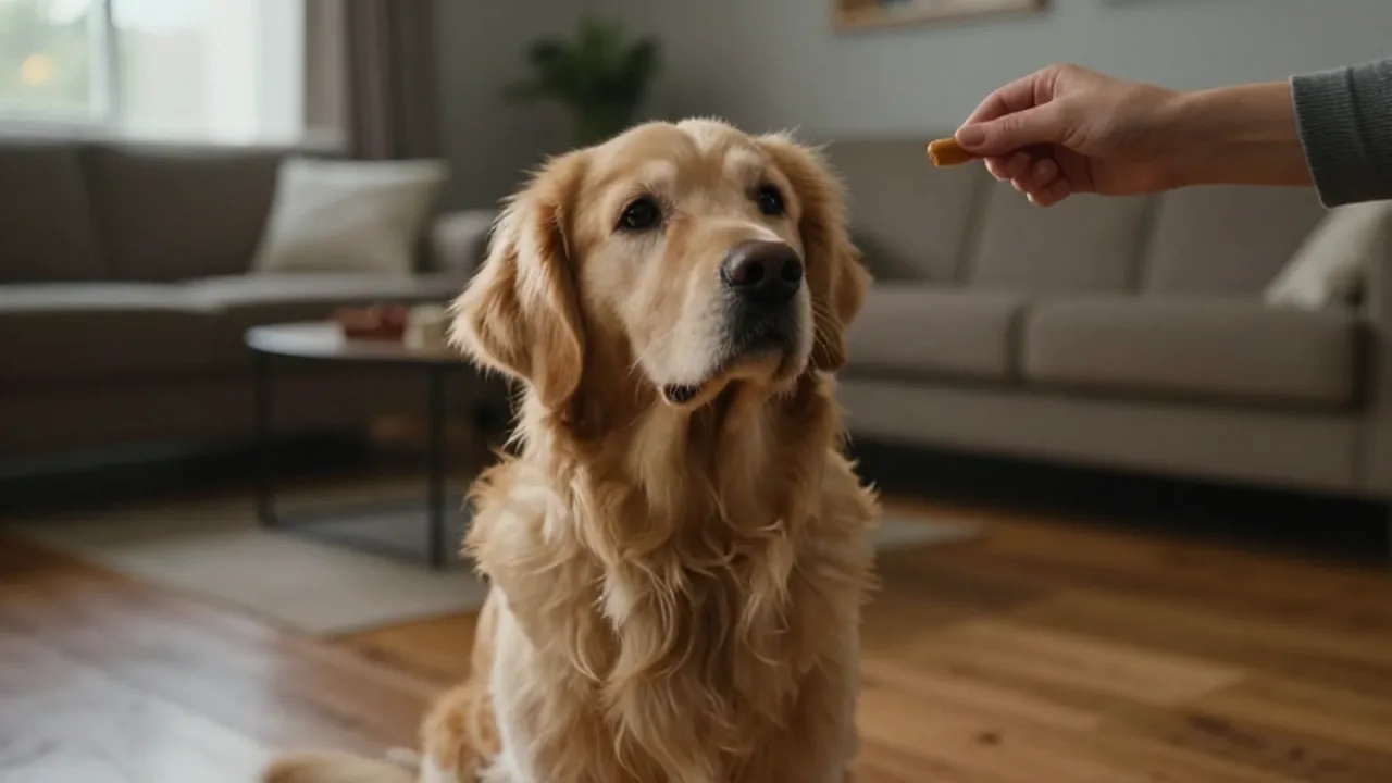 Golden Retriever con mirada confundida observando una mano que sostiene una golosina fuera de su alcance.