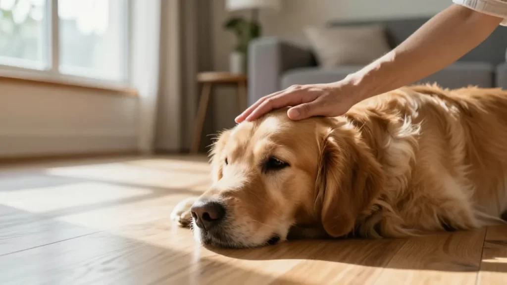 Una mano acaricia suavemente el pelaje de un golden retriever en una sala iluminada por el sol.