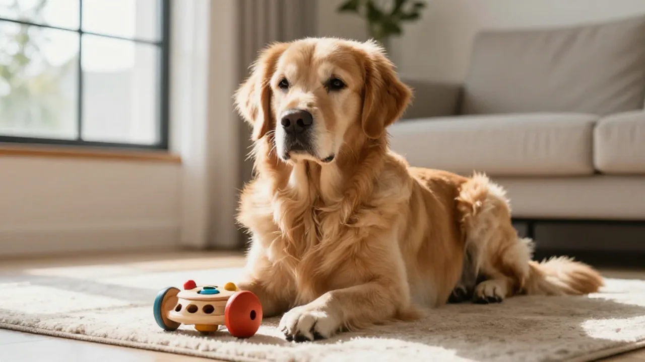 Golden Retriever concentrado jugando con un rompecabezas de madera en una sala luminosa.