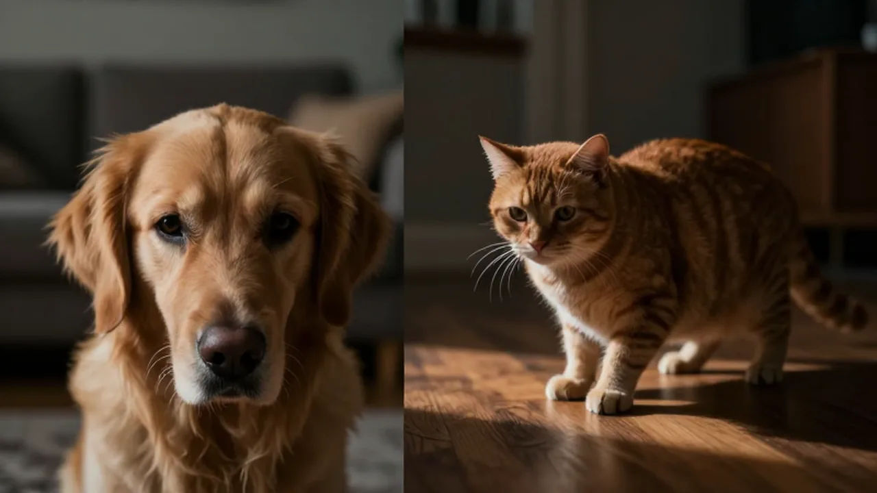 Composición dividida que muestra a un perro golden retriever tenso frente a un gato naranja defensivo.