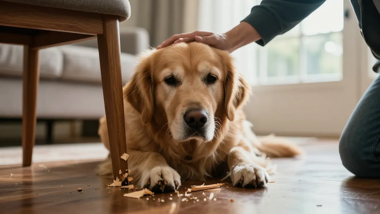 Golden retriever con expresión de culpa junto a una pata de silla de madera mordida.