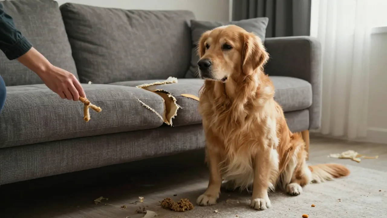 Golden retriever con expresión culpable junto a un sofá mordido y relleno esparcido por el suelo.
