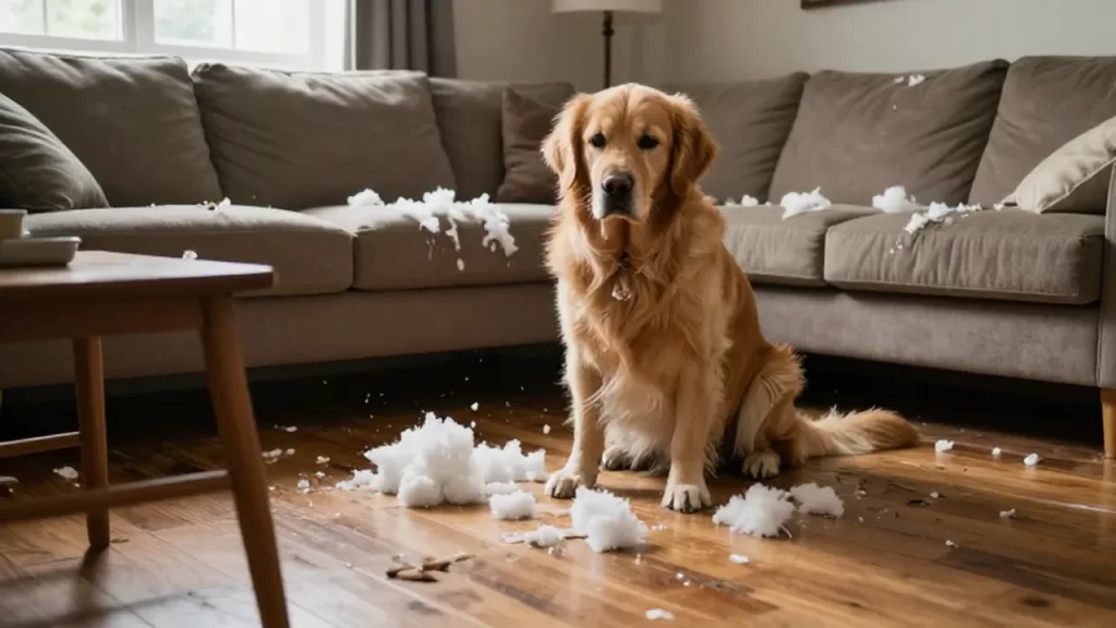 Golden retriever con expresión culpable tras haber destrozado un sofá y una silla de madera.