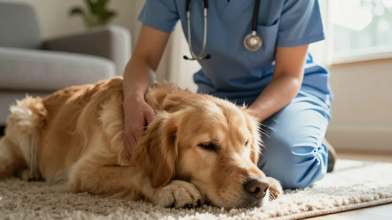 Persona reconfortando con ternura a un golden retriever que tiembla en una acogedora sala.
