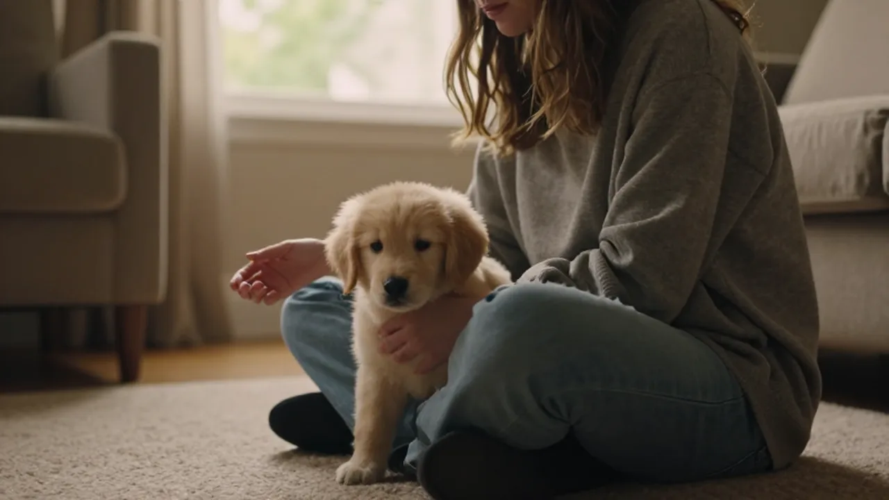 Una mujer se sienta en el suelo de su sala para consolar a un cachorro de Golden Retriever asustado.