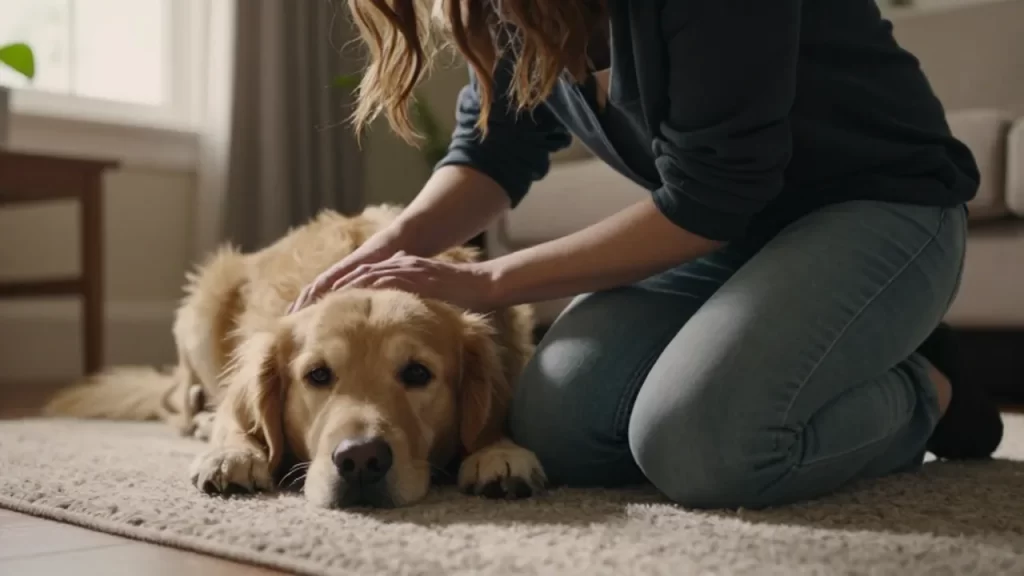 Una mujer consuela a un golden retriever asustado acariciando su cuello en una sala iluminada.