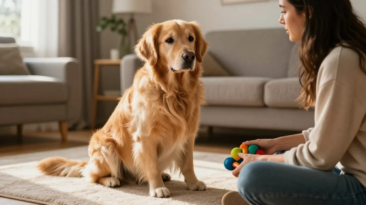 Un golden retriever atento observa a su dueña mientras ella sostiene un juguete interactivo.
