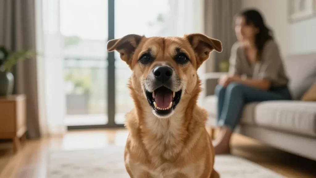 Perro de tamaño mediano ladrando con intensidad en una luminosa sala de estar de estilo moderno.