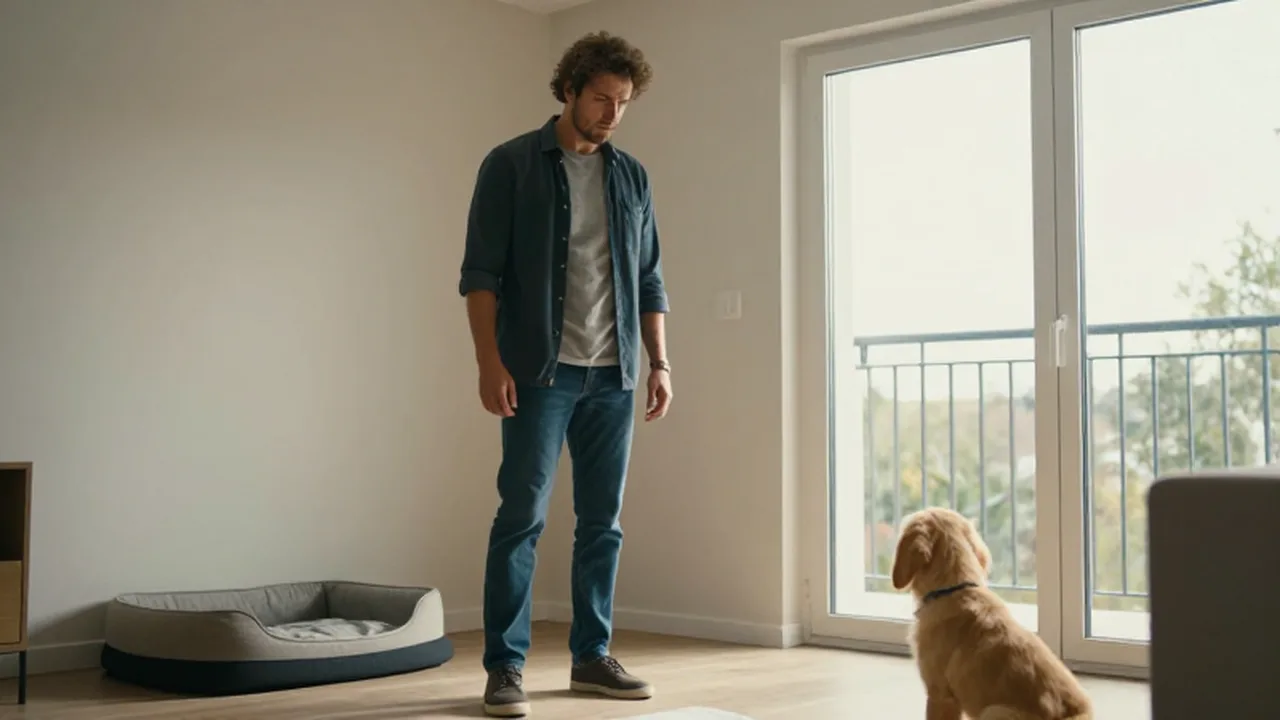 Dueño preocupado observa con angustia una cama de mascota vacía en una sala iluminada.