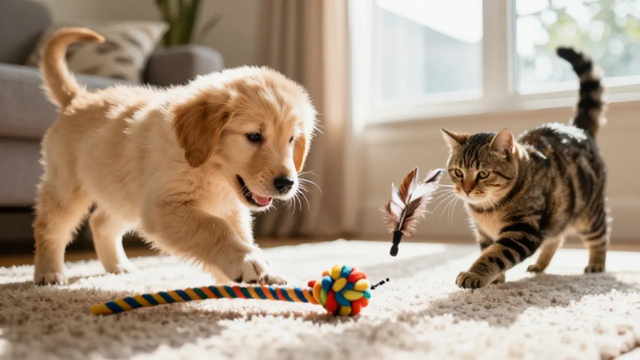 Un cachorro de golden retriever juega con una cuerda mientras un gato tabby juega cerca.