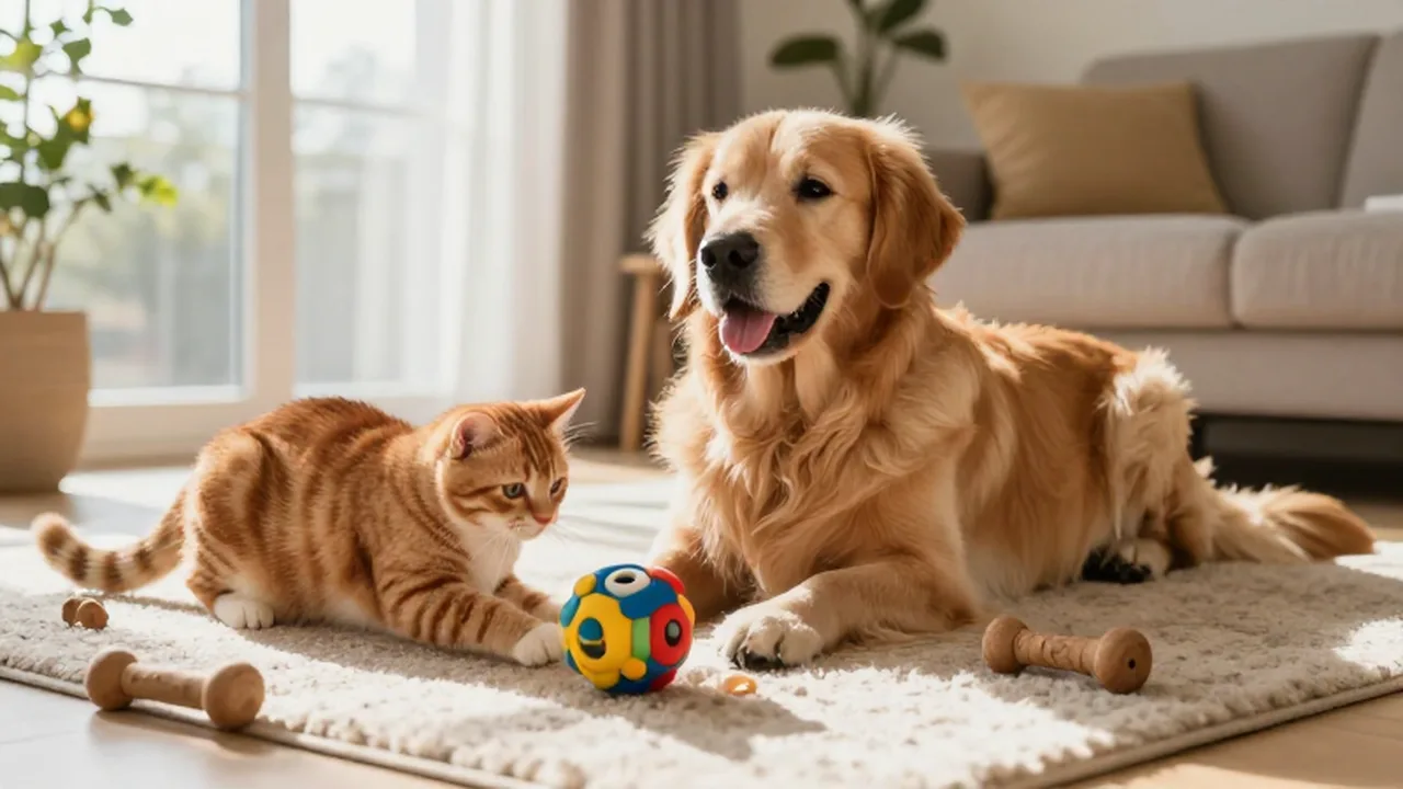 Un perro golden retriever y un gato naranja juegan con juguetes en una sala luminosa.