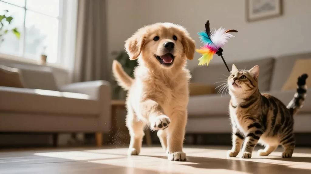 Cachorro de golden retriever saltando por un juguete junto a un gato jugando en una sala iluminada.