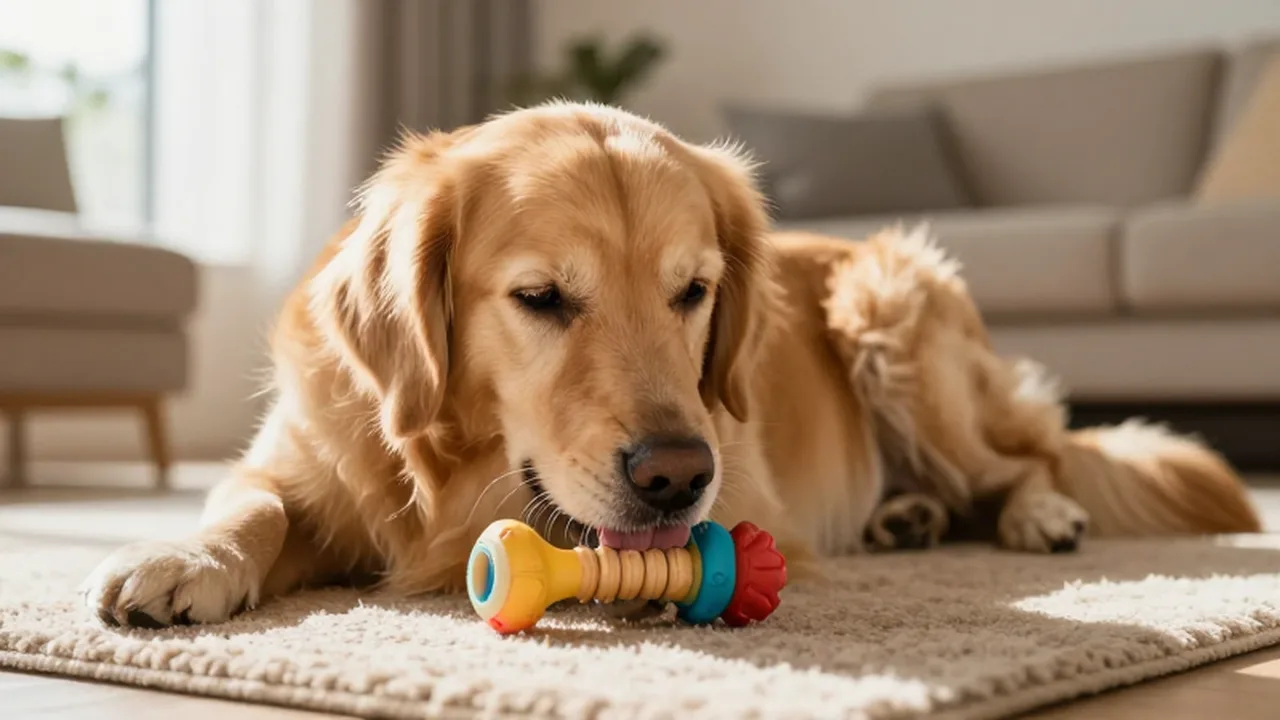 Golden retriever relajado lamiendo un juguete de silicona colorido sobre una alfombra en una sala iluminada.