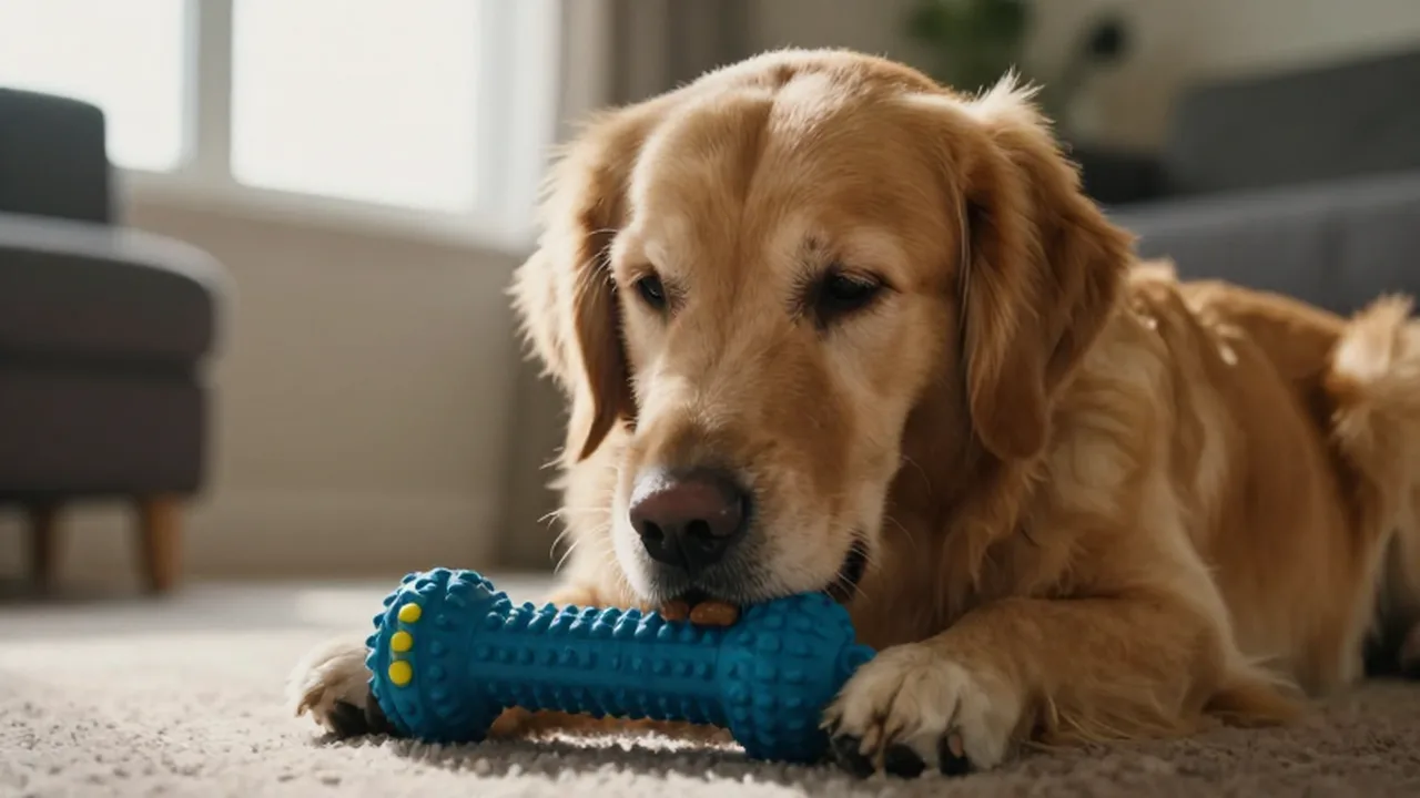 Golden Retriever concentrado jugando con un juguete de caucho relleno de premios en una sala iluminada.