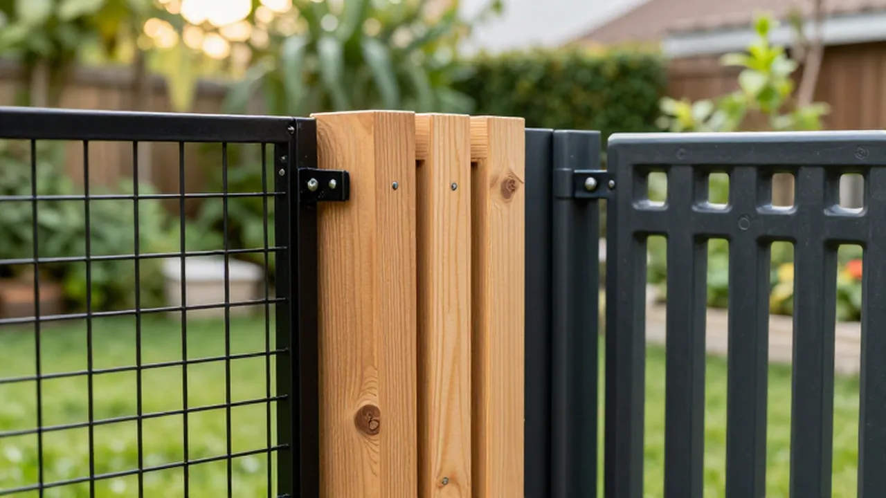 Diferentes tipos de cercados para mascotas de metal, madera y plástico sobre un jardín.