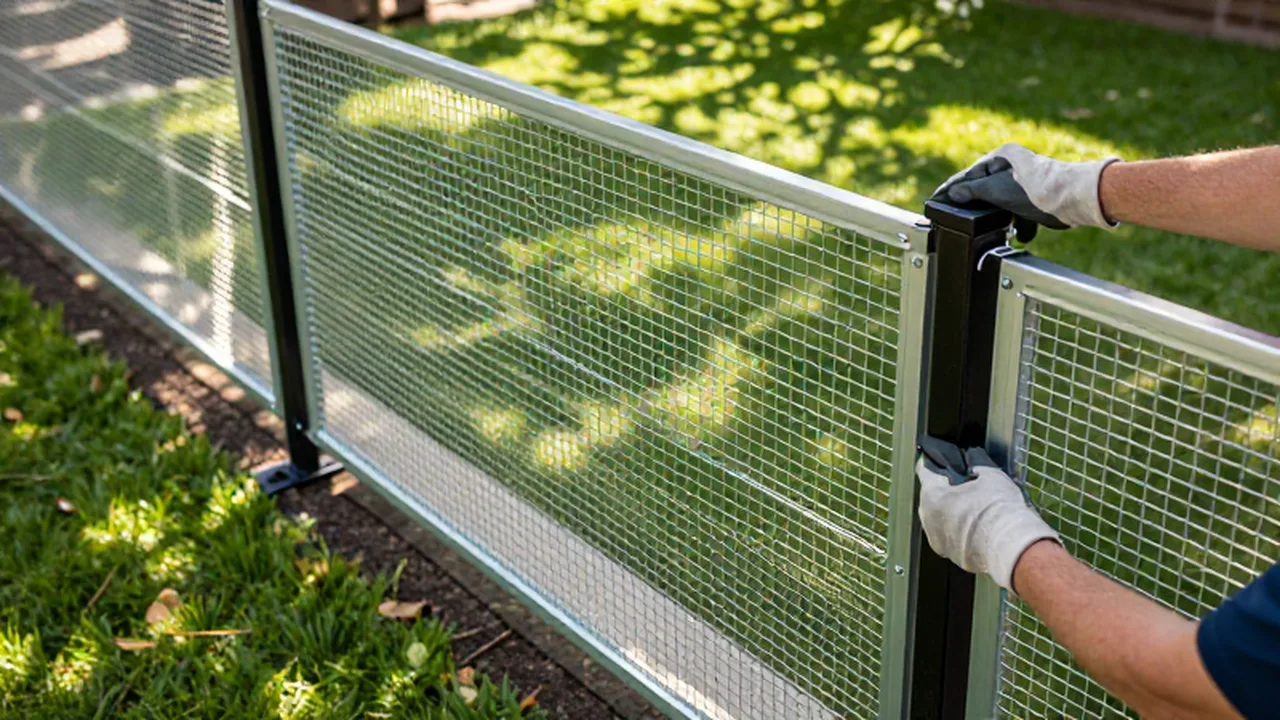 Unas manos con guantes de trabajo sujetan un panel de malla metálica a un poste negro en un jardín.