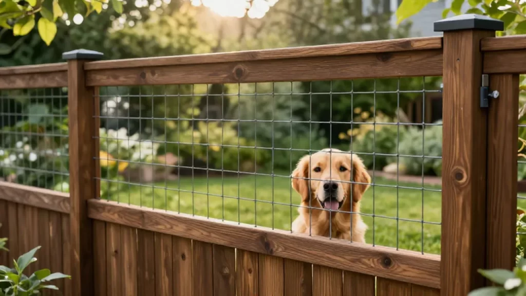Golden retriever sentado tranquilamente tras una valla de madera y malla metálica en un jardín soleado.