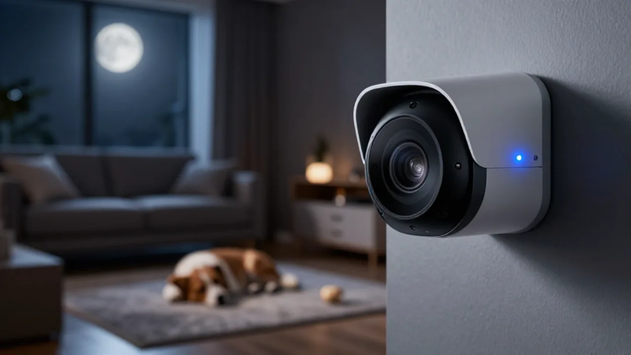Cámara de seguridad con luz azul montada en la pared de una sala con un perro durmiendo al fondo.