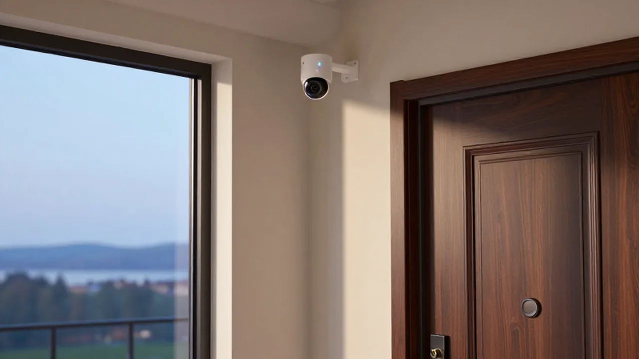 Cámara de seguridad inteligente con luz azul montada en la esquina de un hogar moderno.