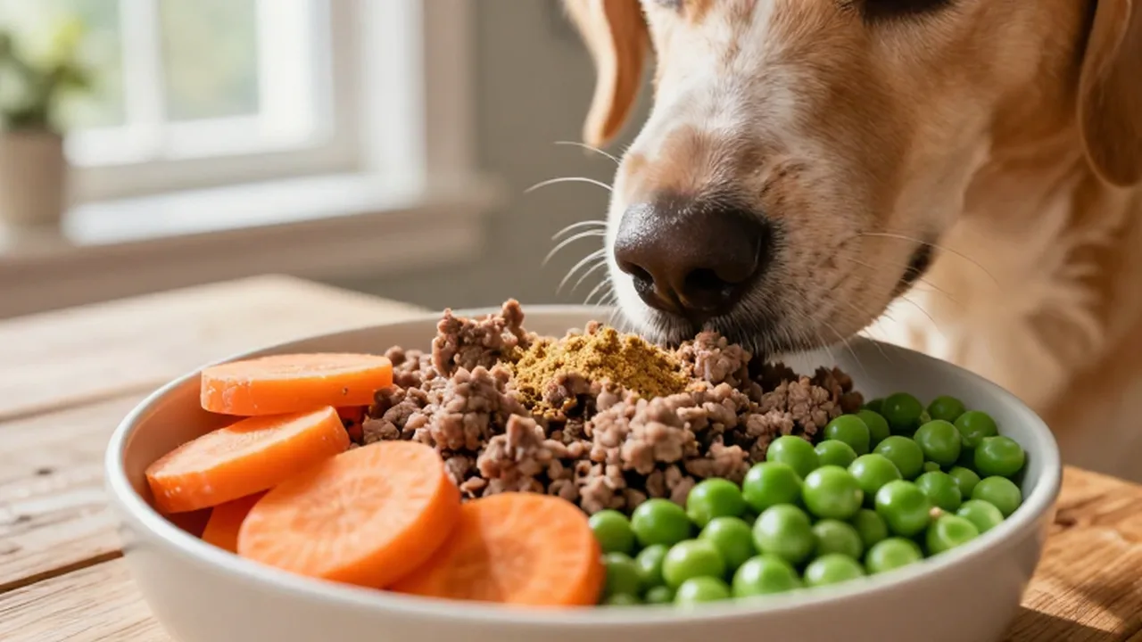 Cuenco de comida casera para perros con carne, zanahoria y guisantes sobre una mesa de madera.