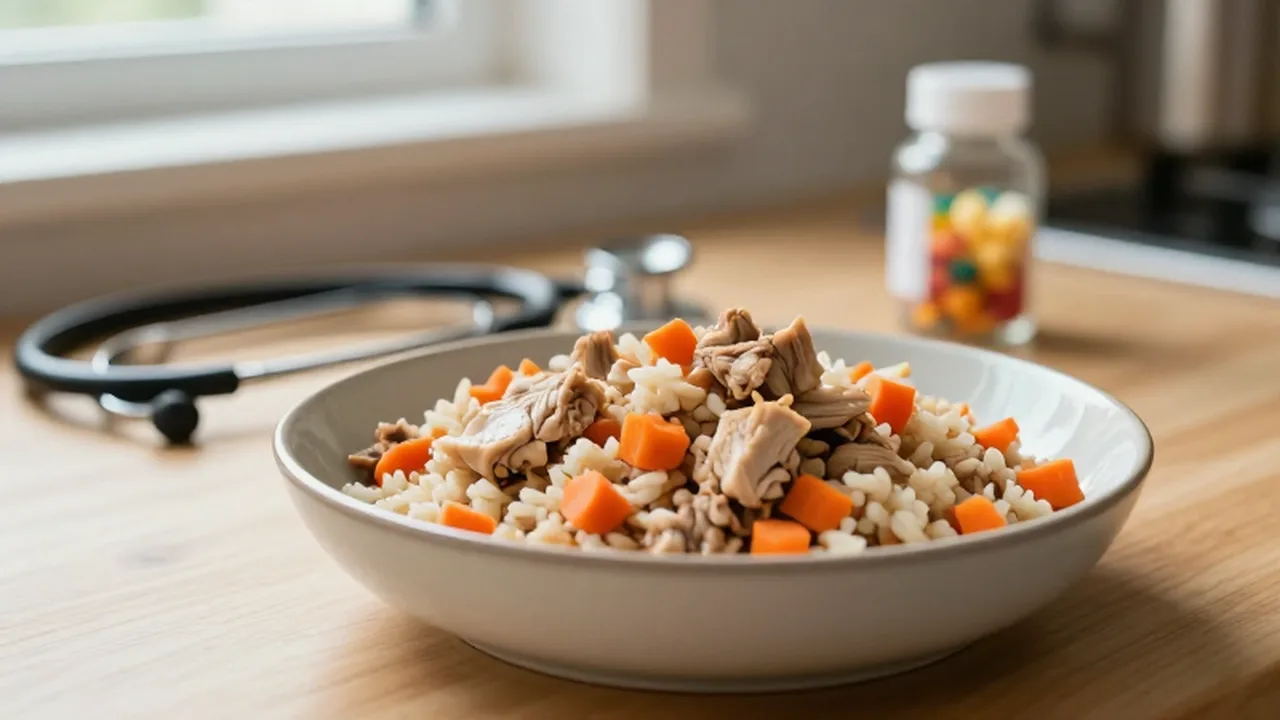 Cuenco de cerámica con mezcla de pollo, zanahoria y arroz sobre una encimera de madera.