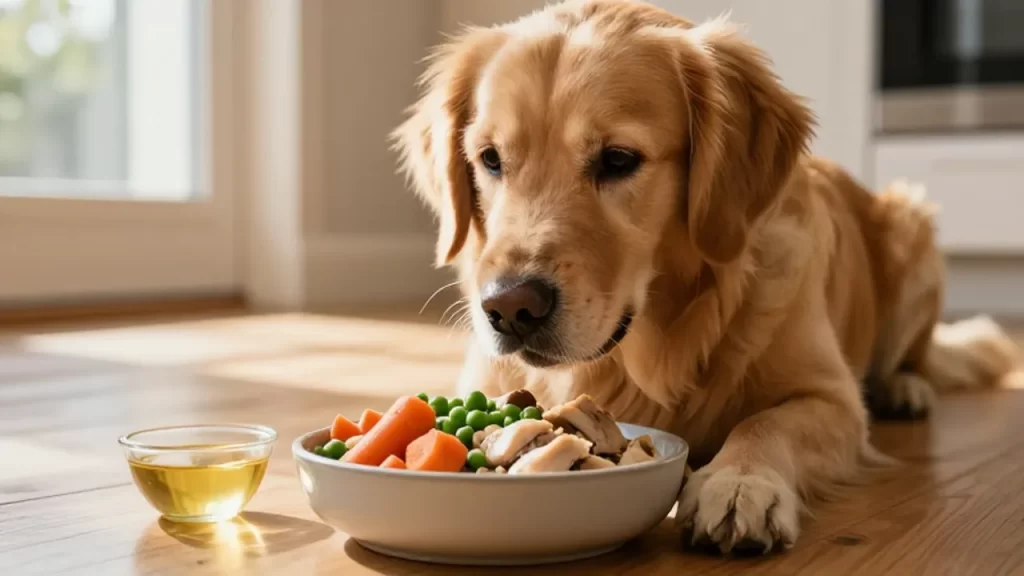 Golden retriever sentado frente a un cuenco de comida casera con pollo y verduras.
