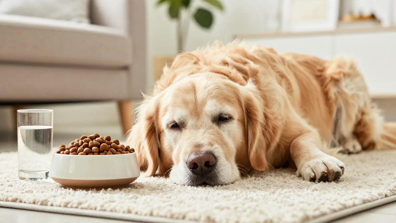 Golden retriever mayor descansando sobre una alfombra con su comida y agua en una sala iluminada.