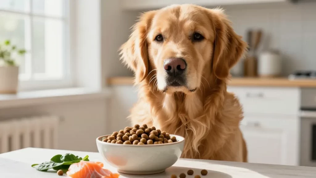 Golden retriever sentado junto a su cuenco de comida con trozos de salmón y espinacas.