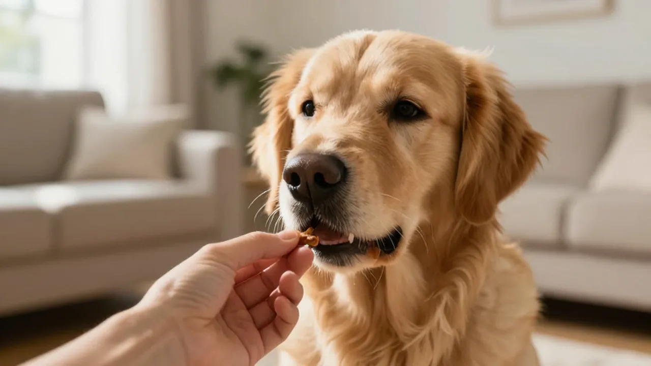 Un golden retriever mira con curiosidad una pequeña golosina que le ofrece una mano.
