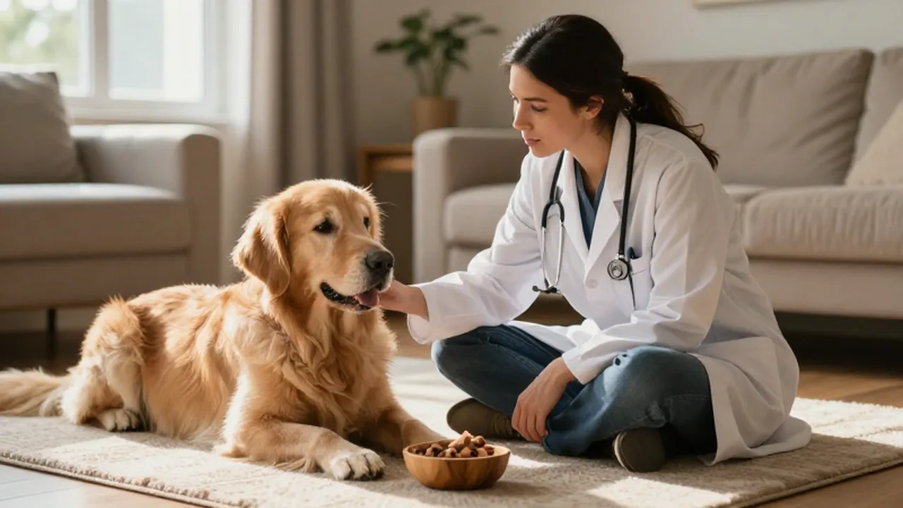 Un especialista en comportamiento animal interactúa con un golden retriever tranquilo en una acogedora sala.