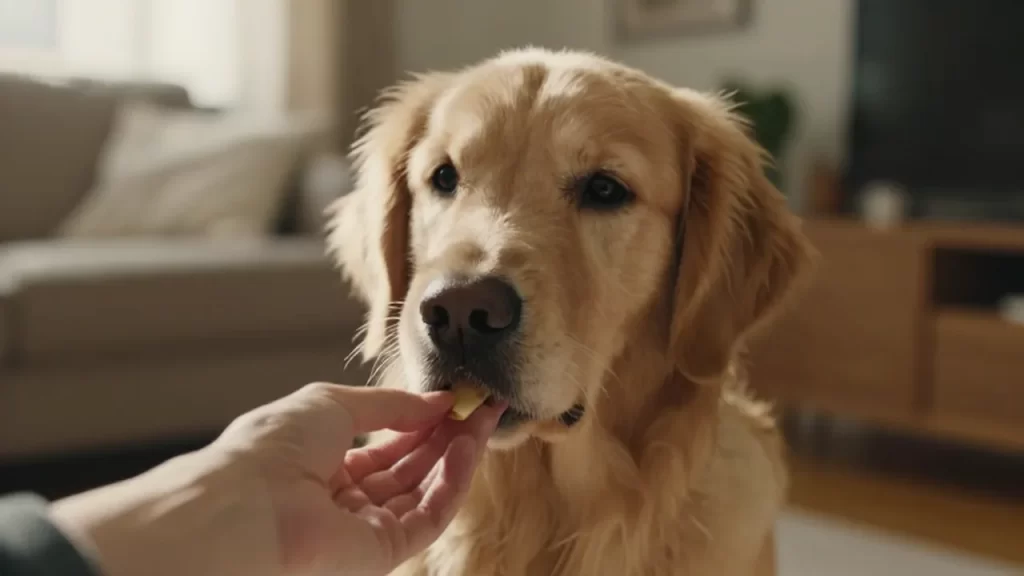 Un golden retriever atento recibe un pequeño premio de la mano de una persona bajo la luz del sol.