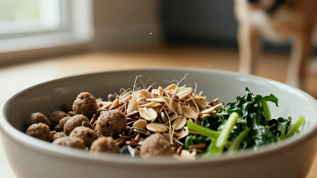 Comida gourmet para perros con avena, semillas y vegetales frescos en un cuenco cerámico.