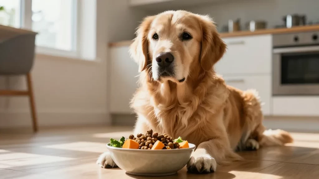 Golden retriever sentado en una cocina luminosa junto a un cuenco de comida con calabaza y vegetales.