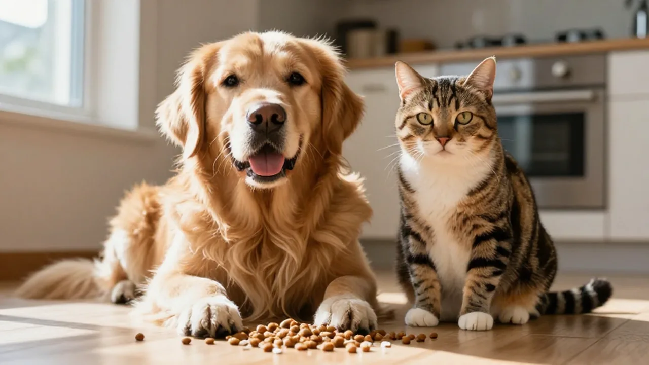 Golden Retriever y gato tabby sentados juntos en un suelo de madera iluminado por el sol.