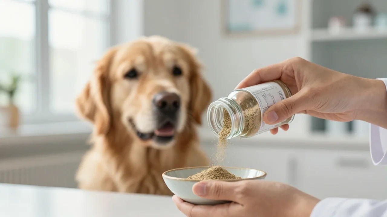 Manos de un veterinario vertiendo polvo mineral en un cuenco mientras un Golden Retriever observa.