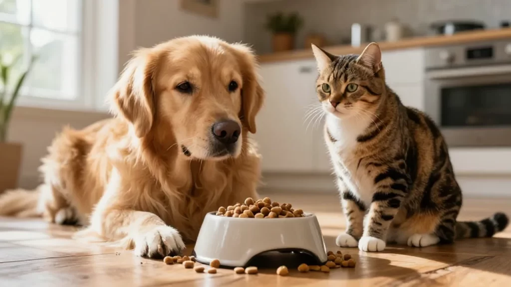 Golden retriever y gato tabby sentados junto a un cuenco de cerámica en una cocina luminosa.