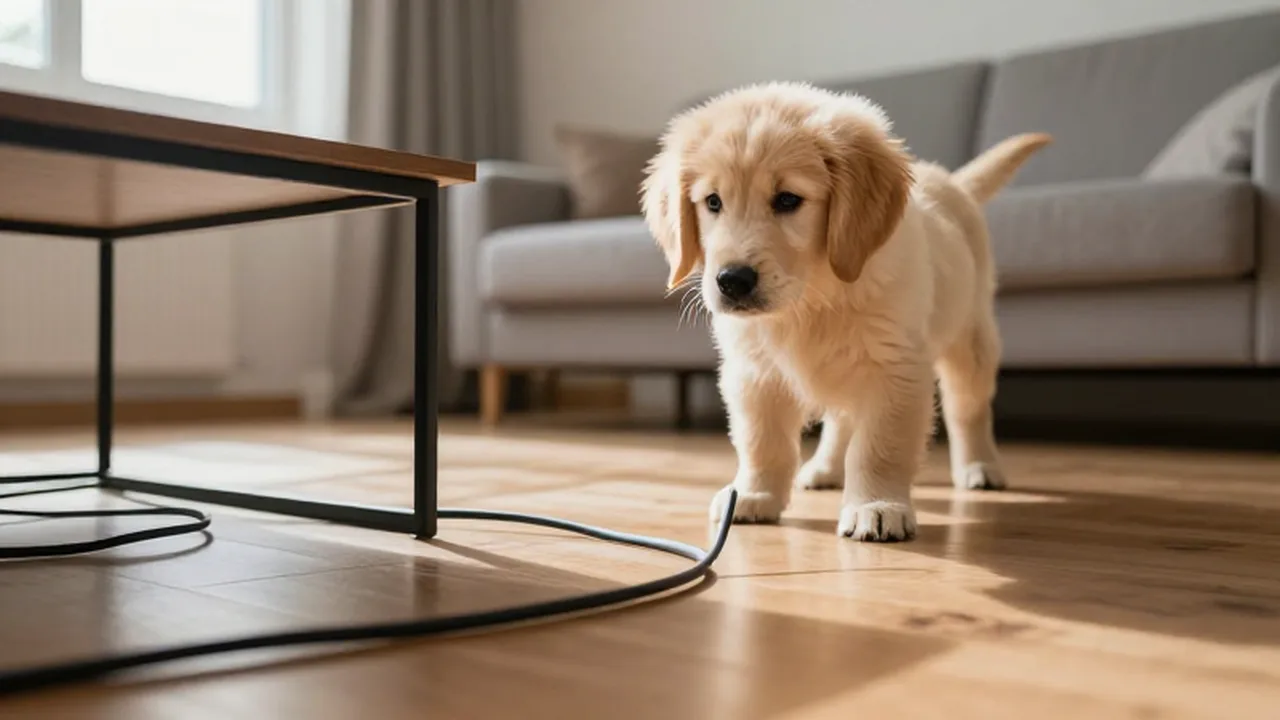 Cachorro de golden retriever observando con curiosidad un cable eléctrico suelto en el suelo de madera.