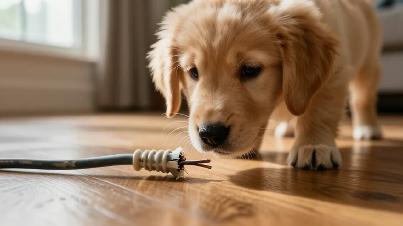 Un cachorro de golden retriever olfatea un cable eléctrico dañado sobre un suelo de madera.
