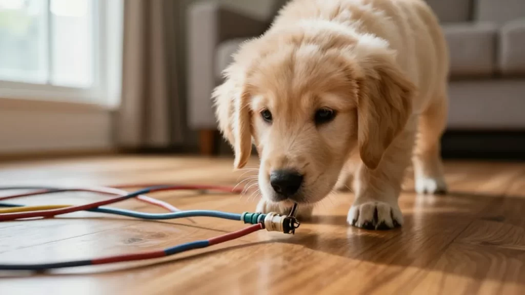 Cachorro de golden retriever acercando el hocico a unos cables eléctricos en el suelo.