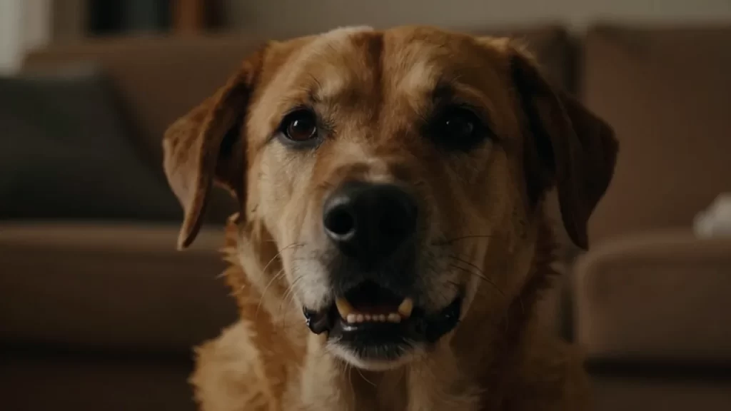 Perro con expresión de angustia y dientes entreabiertos en una sala de estar en penumbra.