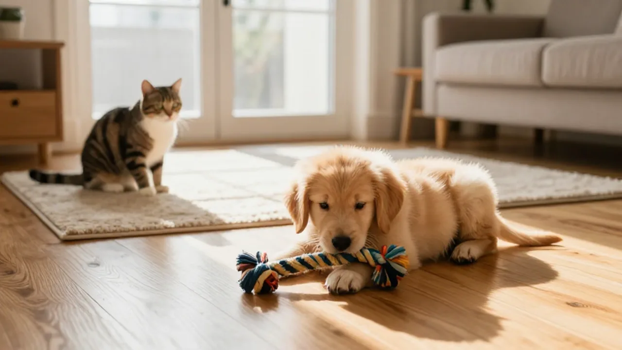 Cachorro de golden retriever jugando con un juguete de cuerda mientras un gato observa desde una alfombra.