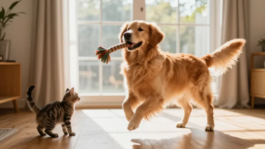 Golden retriever saltando por un juguete de cuerda mientras un gatito lo observa en una sala iluminada.